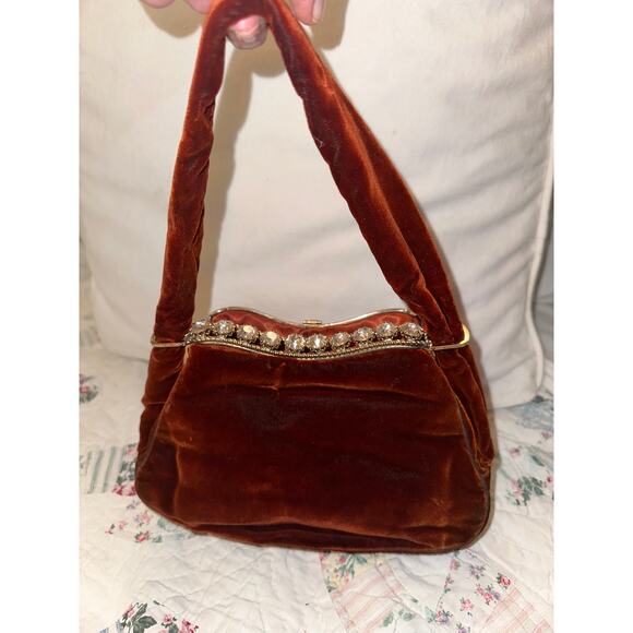 VINTAGE OUTSTANDING JOLLES ORIGINAL BURGUNDY VELVET JEWELED FRAME BAG - - Picture 11 of 12